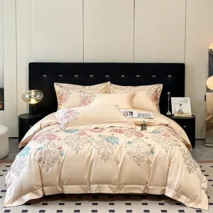 Bedding Set 4pcs Pure Cotton Embroidery Duvet Cover Bed Sheet Pillowcases Coffee