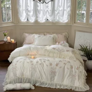 Bedding Set 4 Pieces Embroidery Lace Flower Duvet Cover Flat Sheet 2 Pillowcases