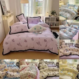 Cartoon Kuromi Melody Cinnamoroll Cotton Twill Bedding Quilt Cover Bed Sheet Set