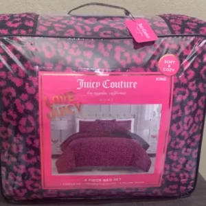Juicy Couture Plush Black/Pink Leopard Print 4pc KING Comforter Set Soft & Cozy