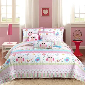 Home Sweet Pink Owl Print Girl Quilt Set, Bedspread, Coverlet