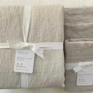 Pottery Barn BELGIAN FLAX LINEN Duvet King & Three Euro Shams Flax NWT