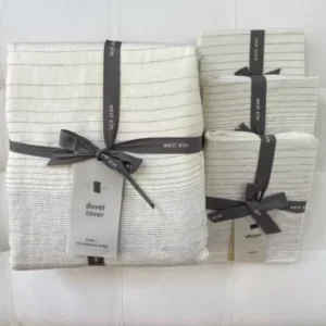 West Elm BELGIAN FLAX LINEN GRADUATED STRIPE Duvet King & 3 Euro Shams NWT