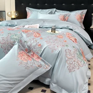 Bedding Set 4pcs Pure Cotton Embroidery Duvet Cover Bed Sheet 2 Pillowcases Blue