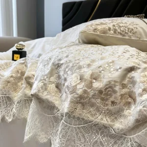 Lace Bedding Set 4 Pcs Precision Embroidery Duvet Cover Flat Sheet Pillowcases