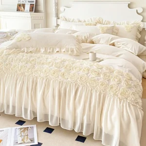 Bedding Set 4pcs 3D Floral Embroidery Princess Style Duvet Cover Flat Sheet Set